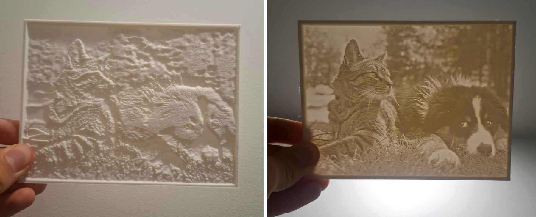 La même plaque tenue à la main : blanche et discrète éteinte, l'image apparaît à la lumière