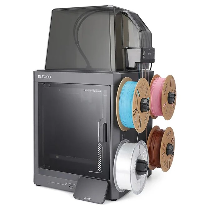 L'imprimante 3D Elegoo Centauri Carbon 2 Combo, avec ses quatre bobines de filament